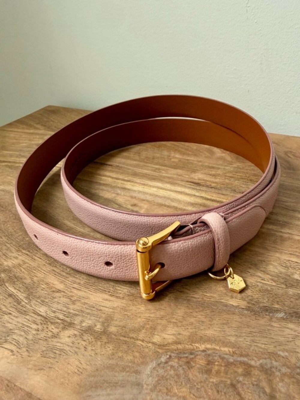 Lauren Ralph Lauren Pale Pink Pebbled Leather Belt with Gold Keeper Charm